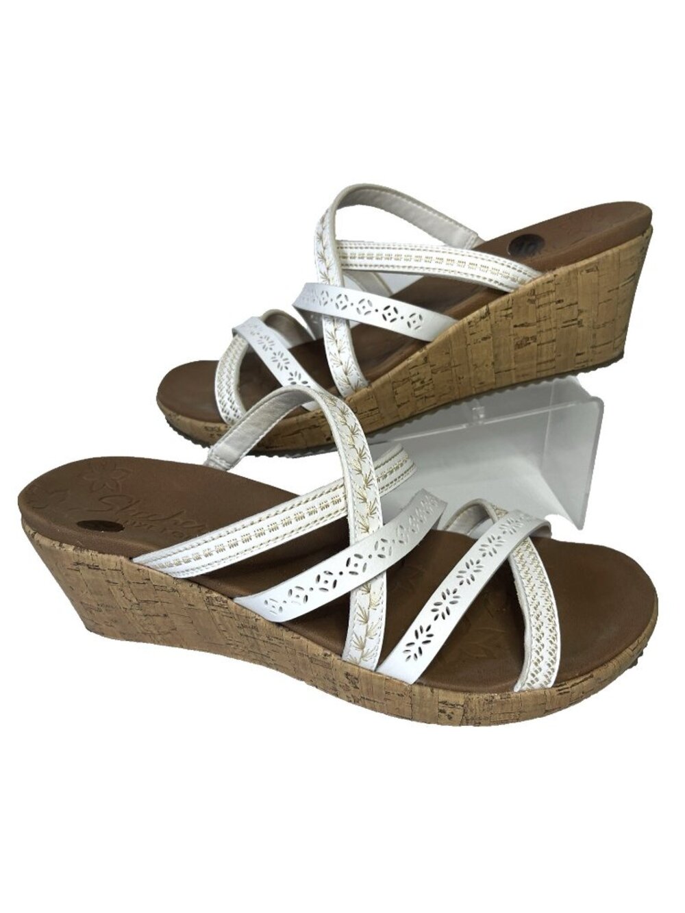 Skechers Womens 10 White Cork Wedge Slide Strappy Sandals Beverlee Tiger Posse